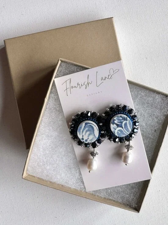 Upcycled Ceramic Pearl Dangle Earrings Blue Statement Studs - Picture 7 of 12